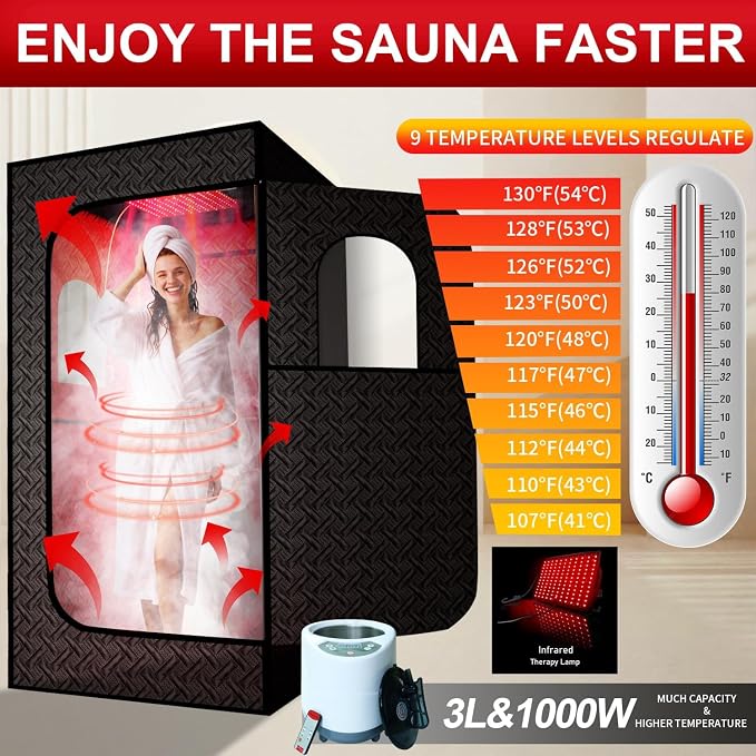 Portable Infrared Sauna for Home, Indoor Sauna Infrared with Red Light Therapy, Includes 660 & 850nm Red Light Therapy Lamp, 3L Steamer, Upgraded Chair and Mat, 72'x 36'x 36', Black