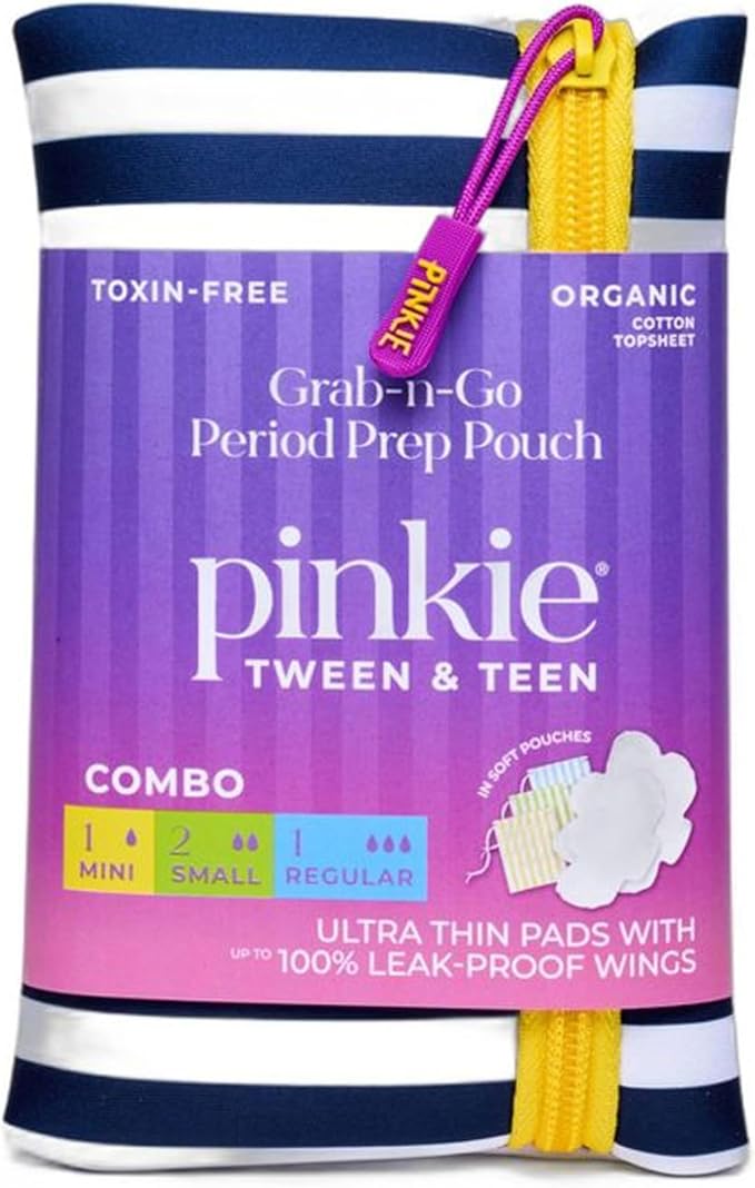 Pinkie First Period Prep Pouch w/ 4 Organic Cotton Pads for Teens & Tweens | First Period Travel Pouch with Mini, Small & Regular Ultra Thin Pads with Wings for Tweens & Teens; Fragrance & Chlorine Free