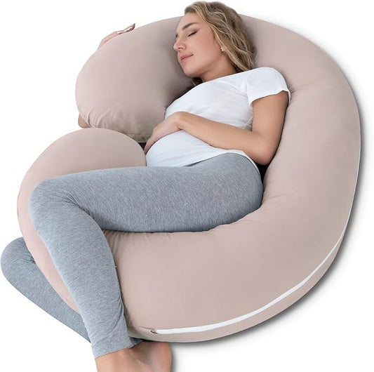 INSEN Pregnancy Pillow Cooling, Maternity Pillow with Soft Cotton Cover, C Shaped for Side Sleeping, Natural Pink
