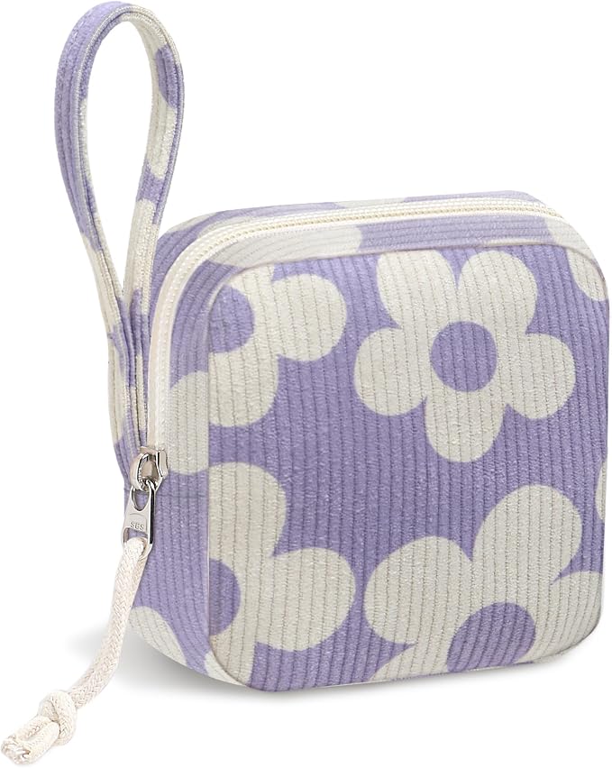 Corduroy Period Pouch for Women, Cute Sanitary Pad Pouch with Zipper, Portable Tampon Holder for Purse, Sanitary Napkin Storage Bag for Travel (BB Purple Flower)