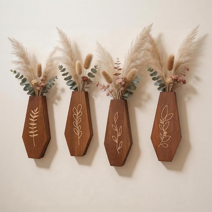 Wood Wall Vase 4 Pack, Modern Farmhouse & Boho Wall Decor Wooden Hanging Planter Set, Minimalist Mounted Vase for Living Room, Entryway, Hallway, Bathroom, Dining Room(Brown)
