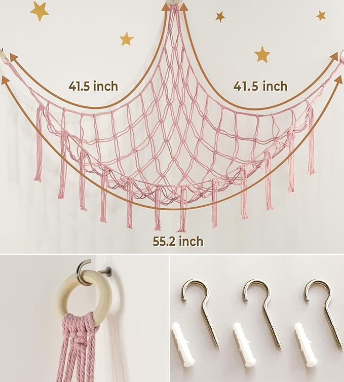 Stuffed Animal Storage Hammock or Net Corner - Large Toy Hammock Net for Stuffed Animals Room Decor - Cute Stuff Animal Organizer Plush Holder - Kids Baby Nursery Essentials Wall Bedroom Home Decor
