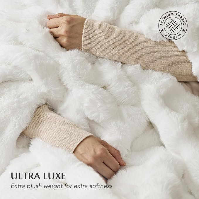 Faux Rabbit Fur Bubble Throw Blanket, 50"x60", Bright White | Ultra Soft, Luxury Faux Rabbit Fur Throw, Thick Warm Bubble Blanket, Cozy Fluffy Reversible, for Bed, Couch, Chair, Sofa