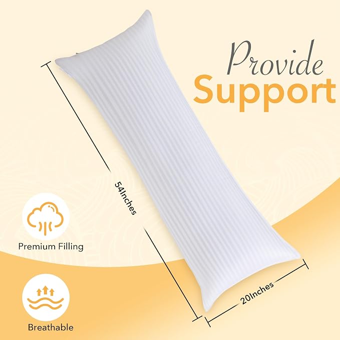Oubonun Premium Striped Body Pillow | Breathable Cooling Cotton Cover, Soft and Fluffy 3D Down Alternative Microfiber Filled, Long Bed Pillow for Side Sleepers