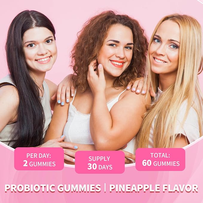 Women's Probiotics Slippery Elm Gummies, Sugar-Free Feminine Probiotics Gummies Support pH Balance, Gut Health & Immune System, Pineapple Flavor, 60 Count