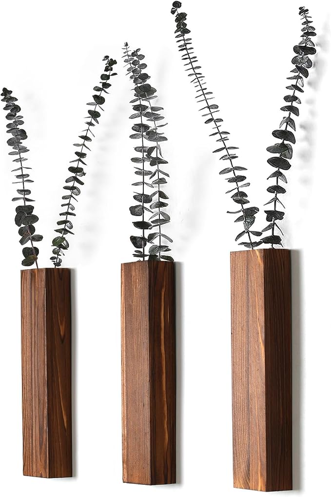 Wooden Wall Planter Set of 3 - Modern Home Decor for Living Room, Bedroom, Bathroom - Walnut Finish Planter for Dried Flowers, Faux Greenery, Indoor Plants
