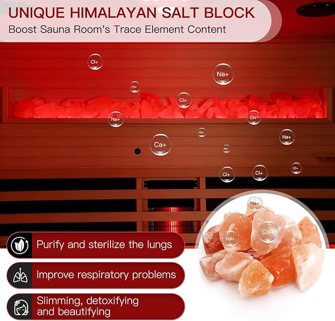 Infrared Sauna, 3-4 Person Home Sauna with Himalayan Salt Panel & 10 Minutes Warm-up System, Indoor Sauna Spa Room with Canadian Hemlock&Panoramic Tempered Glass,220V