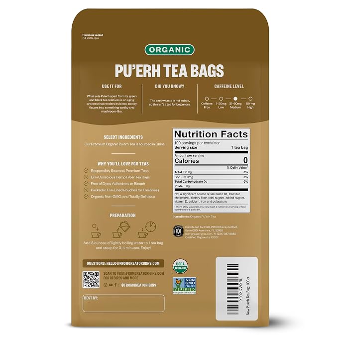 FGO Organic Pu'erh Tea, 100 Count, Eco-Conscious Black Tea Bags, Resealable Bag, Packaging May Vary (Pack of 1)