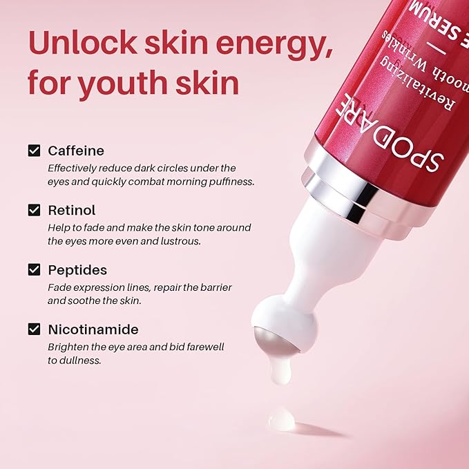SPODARE Caffeine & Retinol Eye Serum for Dark Circles, Puffiness and Wrinkles, Under Eye Cream with Hyaluronic Acid, Niacinamide & Peptides, Roller Serum with 360°Massage Ball - 0.5 fl. oz