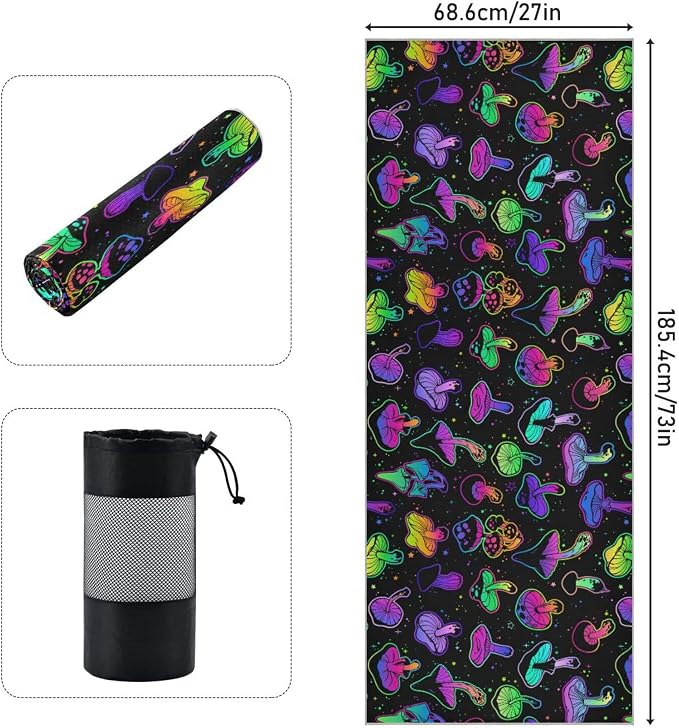 Colorful Mushroom Yoga Mat Towel Non Slip Soft Sweat Absorbent Hot Yoga Mat Towel, for Hot Yoga, Pilates and Workout-73 x 27 Inch