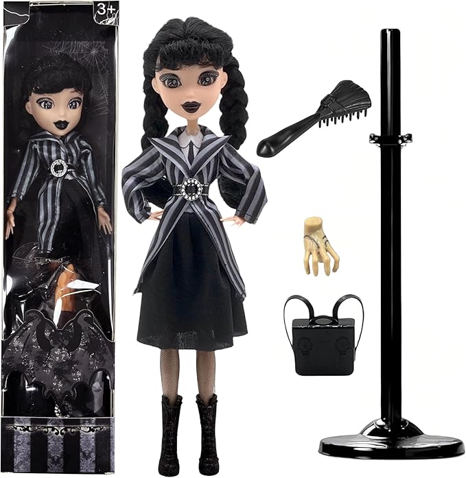 Dumwick 9'' Adams Doll with Gift Box, High Heels, Black Dress, and Hair, Perfect Christmas and Birthdays Toy Gift for Girls & Fans (Braces + Stripes)