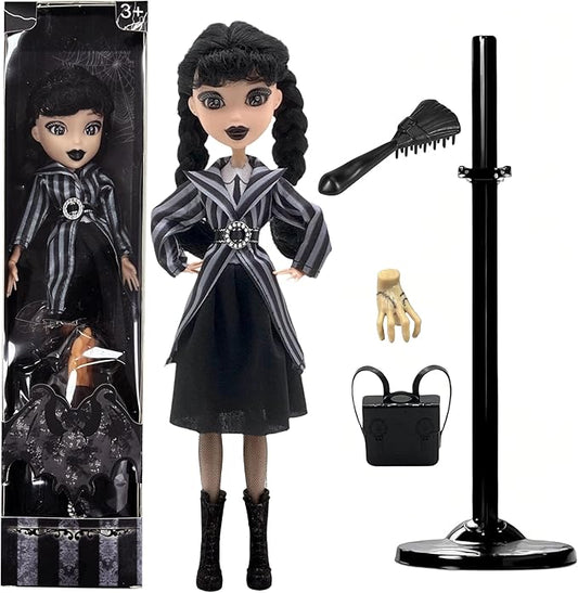 Dumwick 9'' Adams Doll with Gift Box, High Heels, Black Dress, and Hair, Perfect Christmas and Birthdays Toy Gift for Girls & Fans (Braces + Stripes)