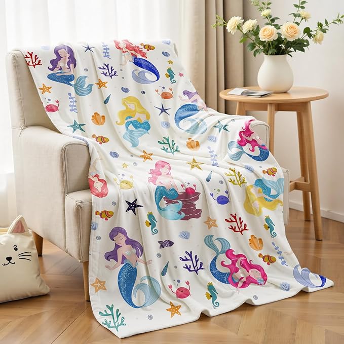 Wajade Kids Mermaid Blanket for Girls Soft Fleece Blanket for Couch Sofa Bedroom Mermaid Marine Life Throw Blanket for Kids Teens 50"x60"