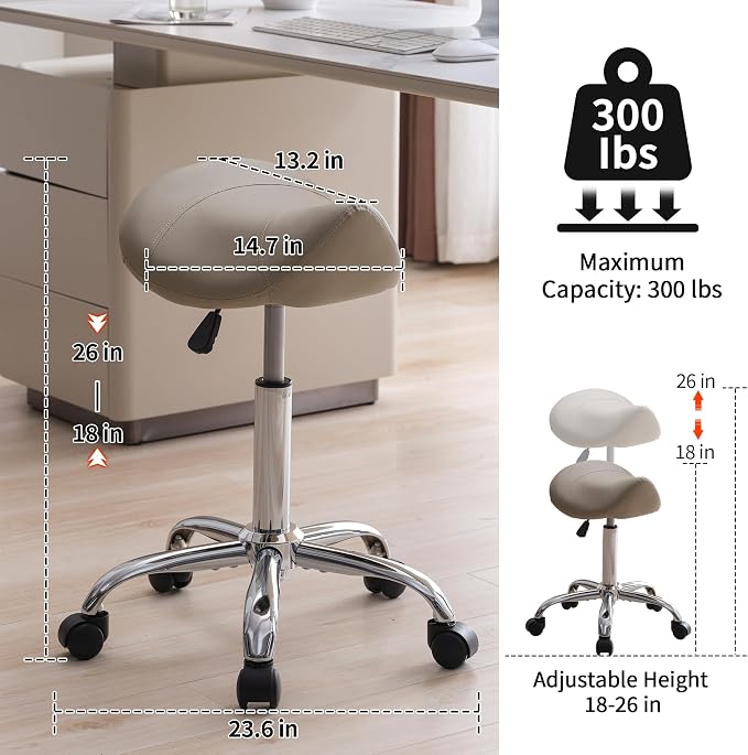 FIRAVOE Saddle Stool, Swivel Saddle Stool with Wheels, Adjustable Rolling Stool 18"-26", Faux Leather Rolling Stool for Salon, Massage, Clinic, Lab, Office (Light Grey, 1PCS (18"-26"))