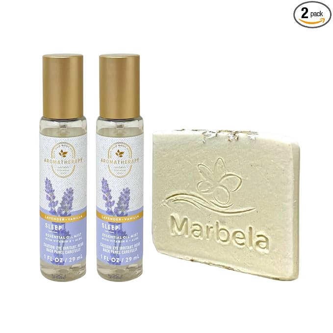 Bath & Body Works Aromatherapy Sleep Lavender Vanilla - 2 Travel Size Essential Oil Mists (1 fl oz / 29 ml Each) with a Natural Oats Sample Soap