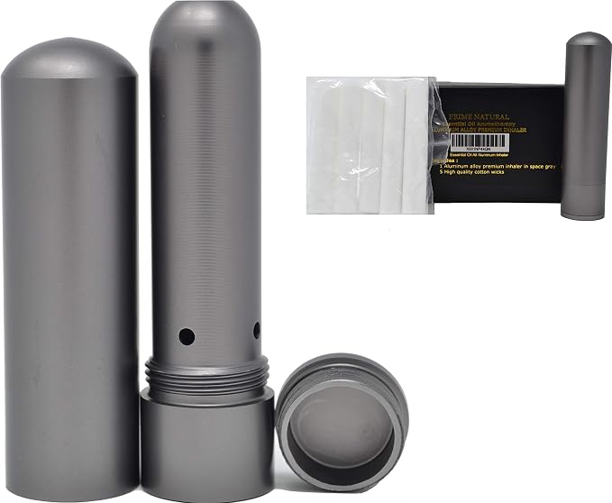 Prime Natural Essential Oil Aluminum Alloy Premium Blank Nasal Inhaler - Refillable Aluminum Empty Metal Inhaler - Space Gray Color - Comes with 5 Cotton Wicks - For Aromatherapy