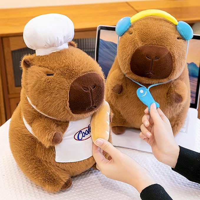 Ditucu Cute Capybara Plush with Cooking Chef Hat 9 inch French Baguette Bread Capibara Stuffed Animal Soft Plushies Toys Gifts for Kids Brown