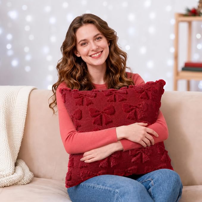 Mixweer Burgundy Bow Pillow Covers Set of 2 Preppy Room Decor Coquette Cute Spring Summer Decorative Faux Fur Soft Bowknot Stuff Fluffy Plush Aesthetic Pillowcase for Bed Sofa Couch (20 x 20 Inch)