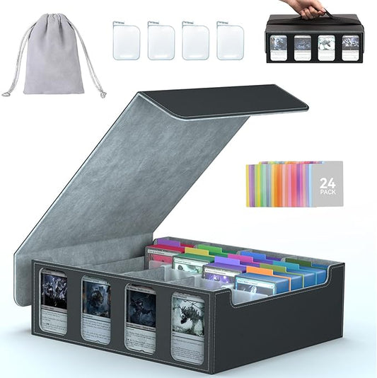4-Row Trading Card Storage Box, Bulk Cards Case for 3200+ Mtg tcg Magic Playing Game Card Organizer, Commander Deck Box with 4 Supports & 24 Dividers & Strap