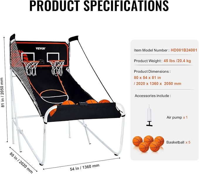 VEVOR Basketball Arcade Game Indoor, 2 Player Indoor Basketball Game, Home Dual Sport with 8 Game Modes, Electronic Scoreboard, and Inflation Pump,Adults
