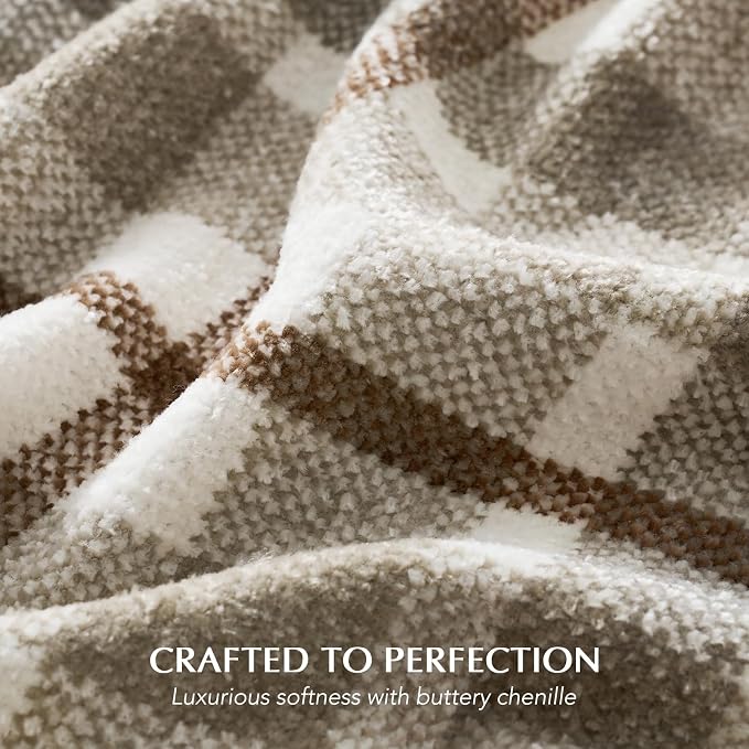 Plaid Chenille Queen Blanket for Bed, 90"x90", Beige | Super Soft Knit Throw with Tassels, Cozy, Decorative Farmhouse Plaid, Lightweight Blanket Queen Size for Couch Sofa Gift