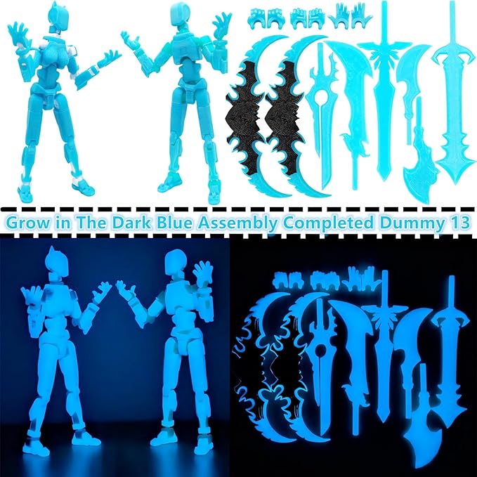 T13 Action Figures (Grow in The Dark Blue) Titan 13 Action Figures 3D Action Figure Set Already Assembled Dummy 13 Nova T-13 Robot 3D Printed Multi-Jointed Movable Toy (Blue Blue +Blue White)