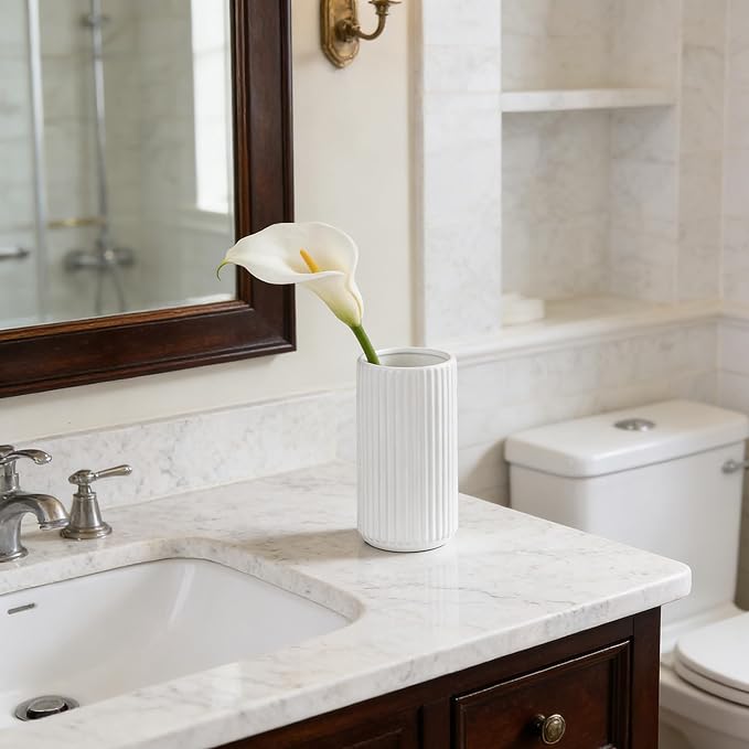 White Ceramic Flower Vase for Pampas Grass, 6 inch Small Decorative Centerpiece Ribbed Vase for Dining Table, Office Desktop, Shelf Bookshelf, Mantel, Bathroom, Countertop, Farmhouse, Gift
