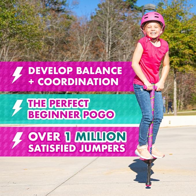 Flybar Jolt Pogo Stick for Kids, Perfect for Beginners w/Foam-Covered Metal Frame, Handles & Padding, Non-Slip Foot Pads, Wide Tip, Outdoor Active Play Toy for Boys & Girls, Ages 6+, Pink Hearts