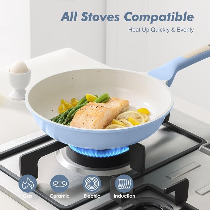 SENSARTE Nonstick Ceramic Frying Pan 9.5-Inch, Healthy Non Toxic Skillet, Induction Compatible Omelet Pan with Heat Resistant Handle, PFAS-Free, Blue