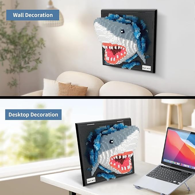 Shark Animal 3D Wall Art Micro Mini Building Blocks Set for Adults, Unique Home Wall Decor or Table Display, No Compatible with Lego, Ideal Birthday Toy for Kids Teens (2166 PCS)
