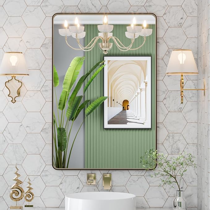 LOAAO 24"X32" Bronze Bathroom Mirror for Vanity | Rounded Rectangle, Brushed Bronze Metal Frame, Anti-Rust, Hangs Horizontally or Vertically