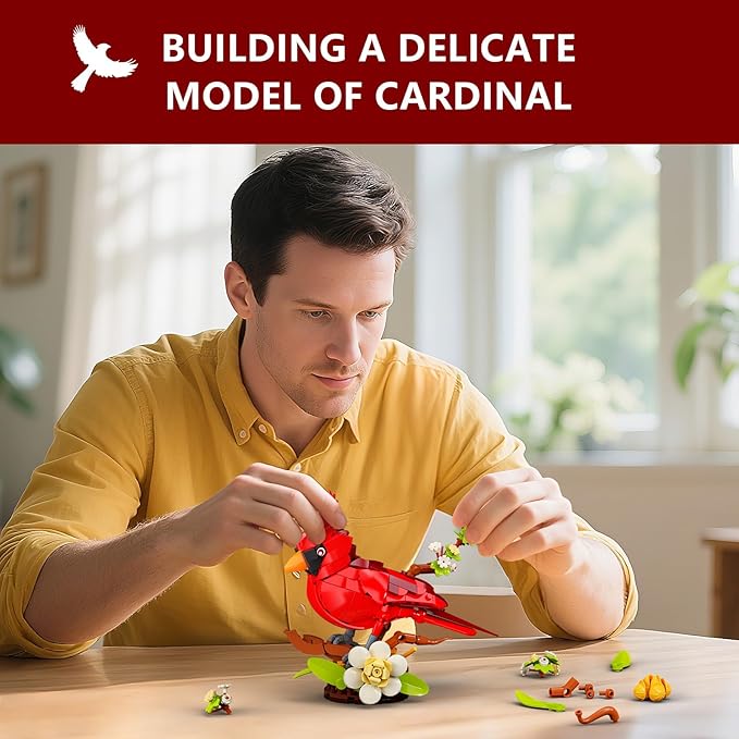Northern Cardinal Building Set, Male Cardinal Bird with Blooming White Dogwood Flowers, Creative Set for Adults to Build and Display, Red Cardinal Modle, Memorial Gifts for Bird Lovers