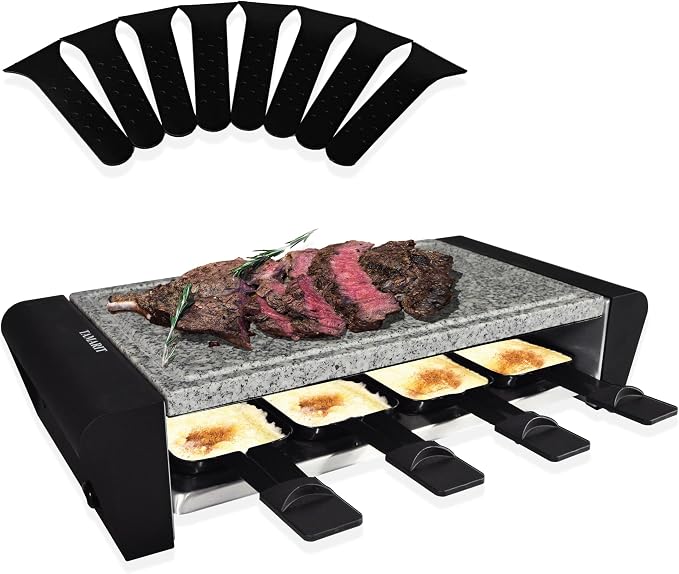TAMARIT Raclette Grill with Extra Stone Plate, Indoor Electric Table Grill | Dual grill: reversible cast aluminum plate and granite stone, 8 nonstick cheese trays, 1300W, for 4- 8 person family parties