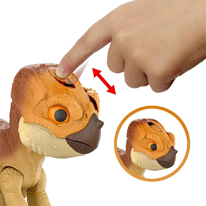 Mattel Jurassic World Rebirth Primal Protector Aquilops Dolores Interactive Dinosaur Toy with Attack Action & Sounds, Pet-Style Electronic Figure with Food Accessory