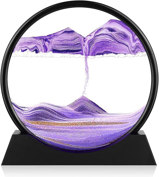 Moving Sand Art Picture - 3D Quicksand Painting Decor - Round Glass 3D Deep Sea Sandscape - Relaxing Home Decoration Desk Toys for Home Office Desk Mantle Bookshelf- (Purple, 7 in)