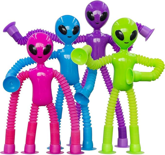 Pop Tubes Alien Fidget Toys for Kids, 4Pack Fidget Toys Telescopic Suction Cup Toy for Stress and Anxiety Relief, Stocking Stuffers Gift for Kids and Toddlers (4 Pack Alien)
