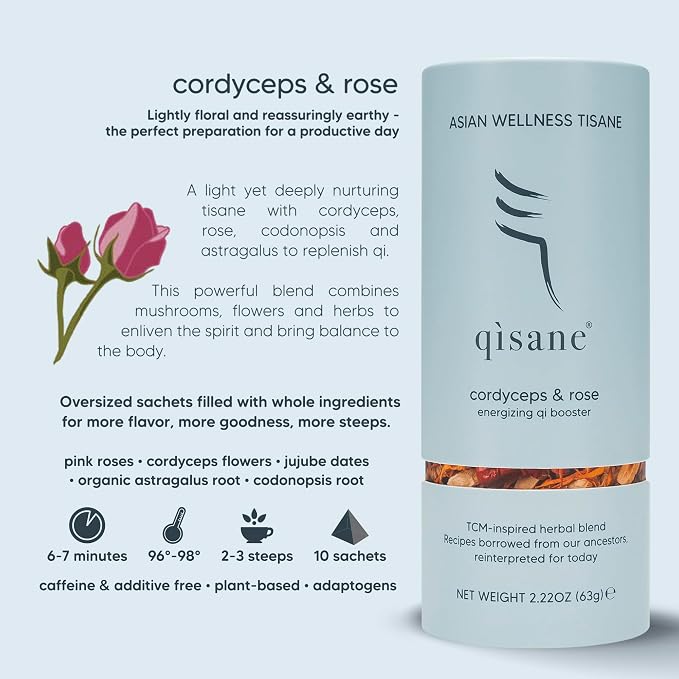 qìsane Cordyceps Tea Bags with Dried Rose Buds - Adaptogenic Cordyceps Mushroom Flowers, Dried Roses, Astragalus Root & Codonopsis Root - Caffeine Free Tea Helps Balance Body - 10 sachets (~30 cups)