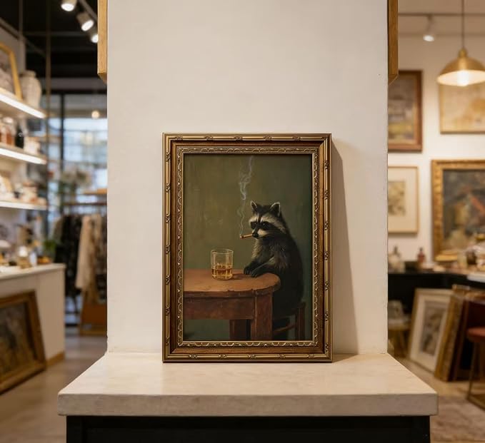 Vintage Gold Framed Smoking Raccoon Wall Art,Moody Dark Funny Animal Whiskey Cigar Canvas Print,Humor Funny Raccoon Wall Decor,Retro Bar Cart Poster Artwork,for Study Living Office Bar Decor