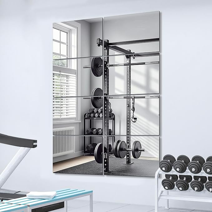 Delma Frameless Mirror Tiles 16"x12"x8 Pcs Wall Mounted | Shatter Resistant, Full Length, Tempered Glass Panels, For Home Gym Bathroom Bedroom & Living Room Decor