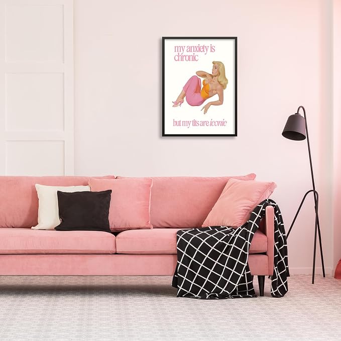 Funky Sexy Women Wall Art Funny Quote Social Anxiety Poster 60s 70s Vintage Housewife Canvas Prints 16X24 inch Black Framed for Apartment Wall Decor