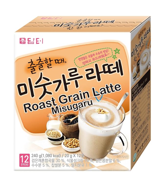 Damtuh Roast Grain Latte 20g x 12 Sticks – Korean Misugaru Latte Powder, Nutty Multigrain Instant Drink Mix, Naturally Caffeine-Free