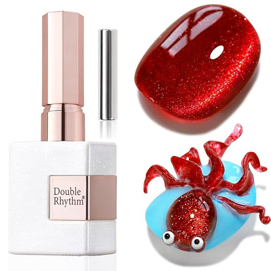 Double Rhythm 15ML Ice Glass Cat Eye Gel Polish with Magnet Holographic Glitter Shimmer Translucent Sheer Color Salon Soak Off Magnetic Nail at Home (Red Glitter-MC1108)