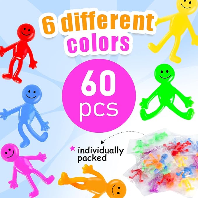 POPLAY 60PCS Smile Face Bendable Man, Stretchy Figures Party Favors Gooey Bendy Fidget Toys for Stress Relief, Classroom Exchange Prizes, Birthday Goodie Bag Stuffers