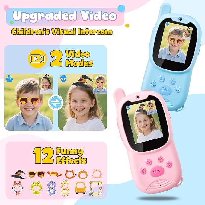 Video Walkie Talkies for Kids, Facetime Walkie Talkies Toys for Age 3-12 Boys Girls, HD Camera & Voice Changer 1000FT Long Range Recharge Kids Valentines Easter Gifts Indoor Outdoor Camp (Blue+Pink)