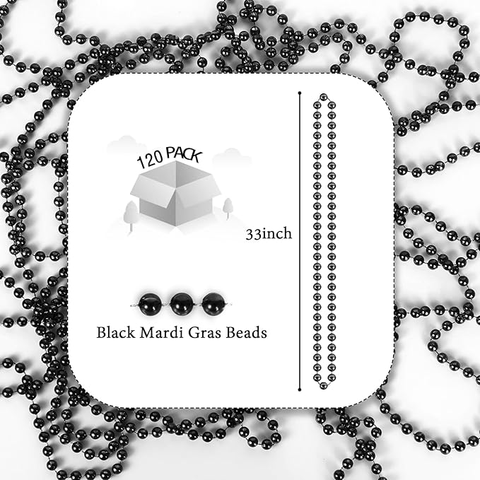 YAXINRUI 120 PCS Black Bead Necklaces, Black Mardi Gras Beads, Halloween Beads Necklaces, New Year Eve Necklace, 33 Inch Black Beaded Necklace for Mardi Gras Christmas Halloween Festive Events