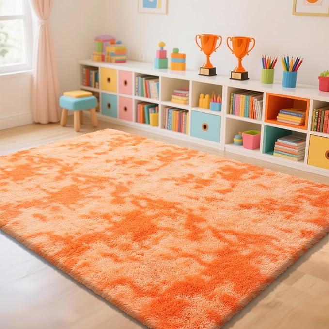 Mottling Orange Fluffy Rug Shag Area Rug, 6x9 Area Rugs for Girls Bedroom, Big Soft Shag Bedside Non-Slip Plush Dorm Carpet Home Decor Aesthetic