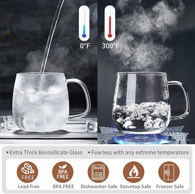 DOPUDO Glass Teacups 2 Pack Glass Tea Cup with Infuser and Lid, 17.6oz/520ml Large Borosilicate Teacup,Tea Clear Mug Cup for Loose Leaf Blooming Tea, Microwave & Dishwasher Safe.