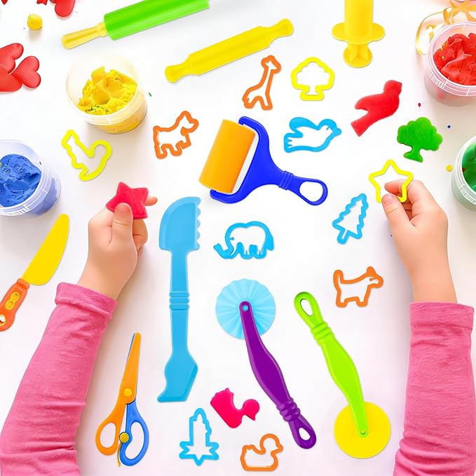 iShyan Dough Tools for Kids,47-Piece Kids Clay and Dough Tool Kit– Includes Roller, Rolling Pins, Cutting Tools, Safe Scissors, Plastic Knife & Dough Character Accessories