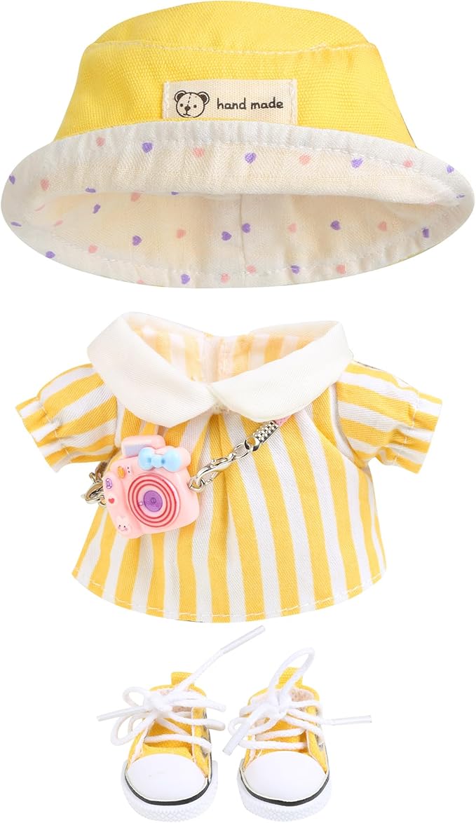 17cm Doll Clothes for Labubu - Kawaii Clown Style Set - Doll's Hat & Doll's Clothing & Doll's Shoes & Camera, Cute Doll Outfit with Accessories for Display, Collectors, Gift - Yellow (NO Dolls)