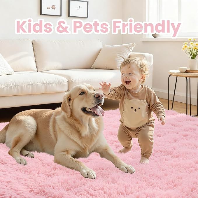 6x9 Area Rug for Living Room: Soft Fluffy Shag Pink Rugs for Bedroom, Non-Slip Large Fuzzy Plush Rug Indoor Floor Carpet for Nursery Kids Boys Girls Room, Dorms, Playroom, Modern Home Decor